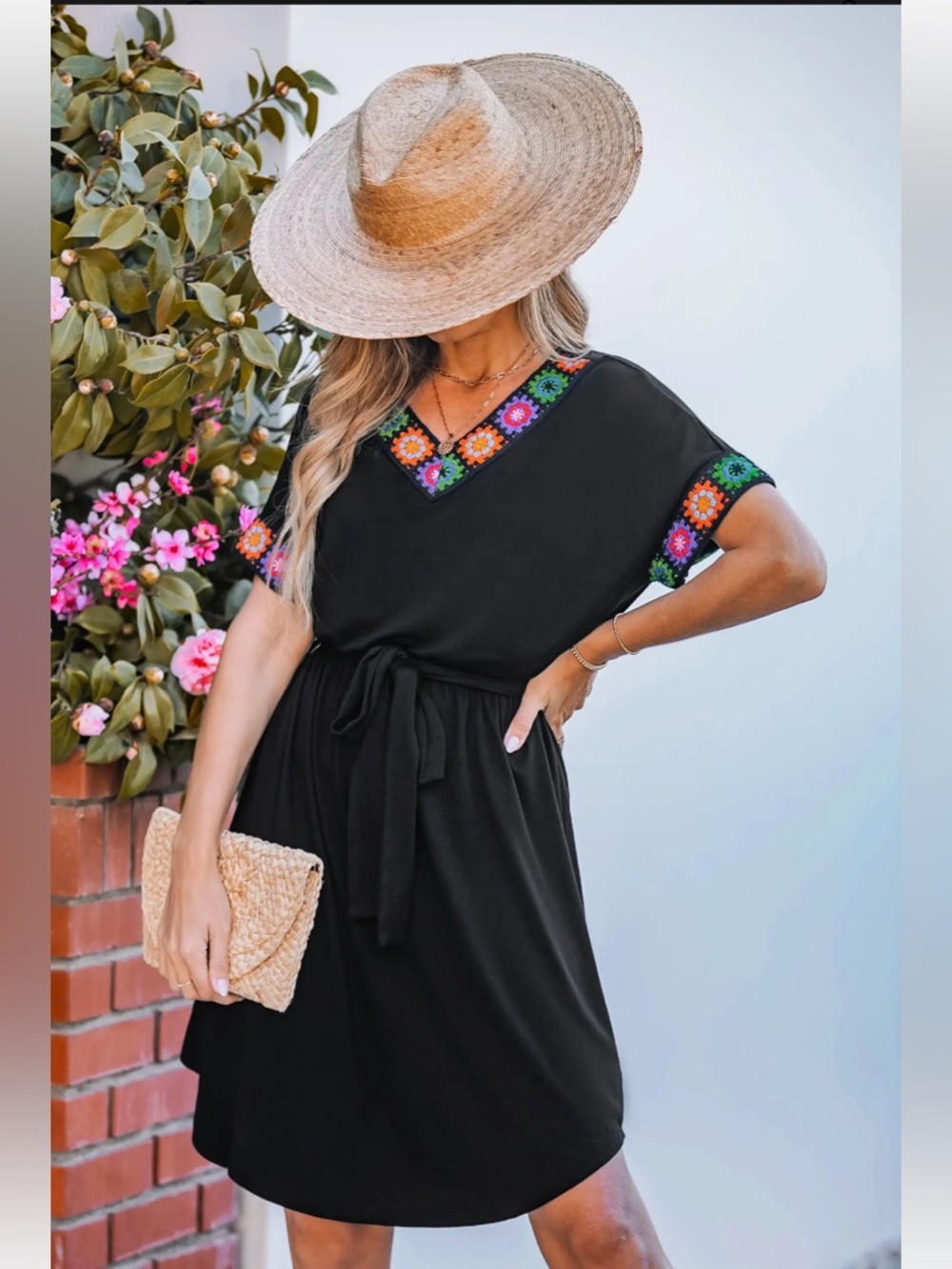 NWT Black V-Neck Dress with Colorful Floral Embroidered Trim